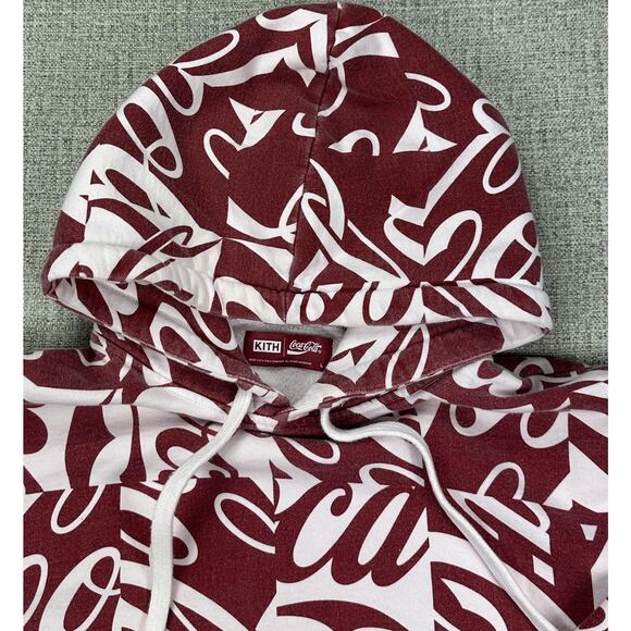 Kith Coca-Cola Hoodie Sweatshirt Sz Large Burgundy White All Over Logo AOP Print - Picture 9 of 15